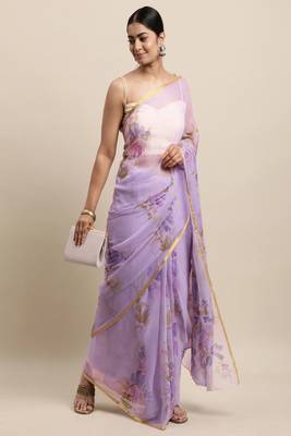 Purple Hand Painted Floral Chiffon Saree 2