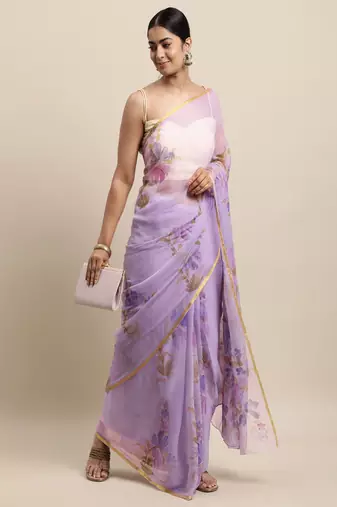 Purple Hand Painted Floral Chiffon Saree