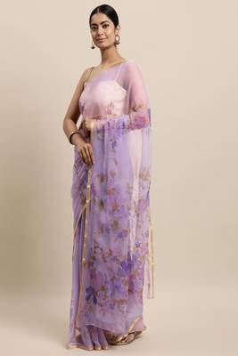 Purple Hand Painted Floral Chiffon Saree 3