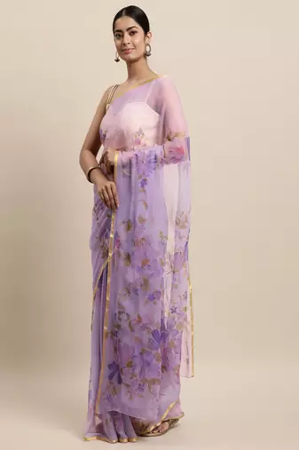 Purple Hand Painted Floral Chiffon Saree