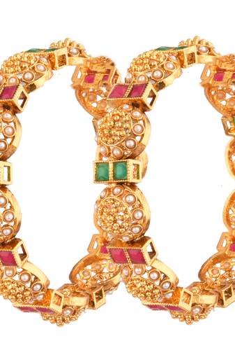 9blings radiant harmony: gold-plated pearl and stone fusion bangles - set of 2