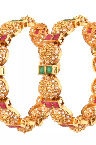 9blings radiant harmony: gold-plated pearl and stone fusion bangles - set of 2