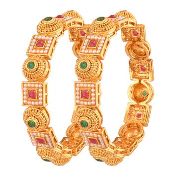9blings gold-plated red green stone and pearl fusion bangles - set of 2 1