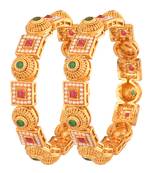 9blings gold-plated red green stone and pearl fusion bangles - set of 2