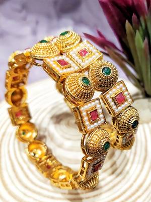 9blings gold-plated red green stone and pearl fusion bangles - set of 2 2