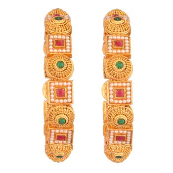 9blings gold-plated red green stone and pearl fusion bangles - set of 2 3
