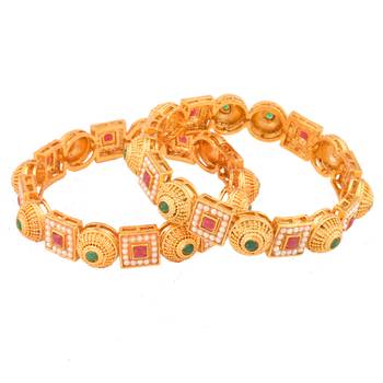 9blings gold-plated red green stone and pearl fusion bangles - set of 2 4