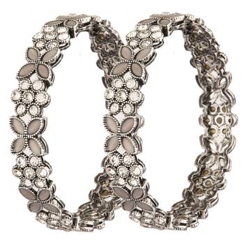 9blings floral delight: silver-plated cz stone kundan fusion bangles - set of 2 1