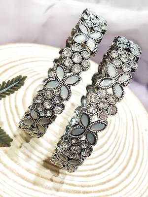 9blings floral delight: silver-plated cz stone kundan fusion bangles - set of 2 2