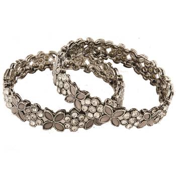 9blings floral delight: silver-plated cz stone kundan fusion bangles - set of 2 3