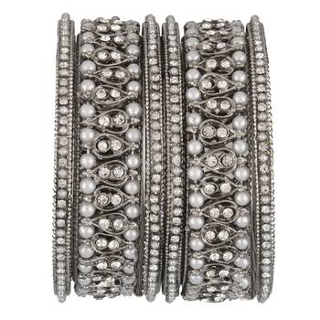  lustrous harmony: silver plated pearl and cz stone fusion bangles-set of 6 1