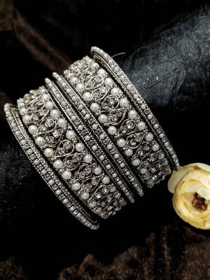  lustrous harmony: silver plated pearl and cz stone fusion bangles-set of 6 2