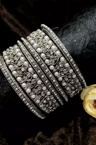  lustrous harmony: silver plated pearl and cz stone fusion bangles-set of 6