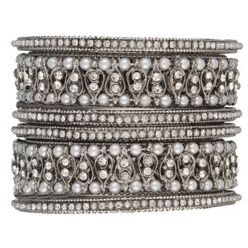  lustrous harmony: silver plated pearl and cz stone fusion bangles-set of 6 3
