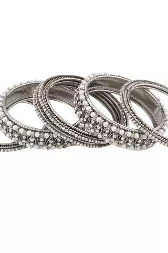  lustrous harmony: silver plated pearl and cz stone fusion bangles-set of 6