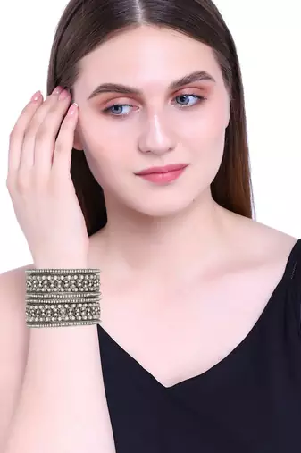  lustrous harmony: silver plated pearl and cz stone fusion bangles-set of 6