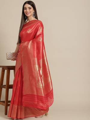 Leeza store red colored Banarasi Styledesign silk blend (jacquard) saree with blouse piece 1