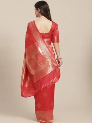 Leeza store red colored Banarasi Styledesign silk blend (jacquard) saree with blouse piece 2