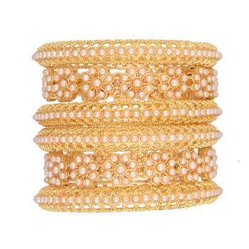  floral splendor: set of 6 gold plated pearl bangles with floral motifs 3