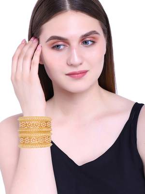  floral splendor: set of 6 gold plated pearl bangles with floral motifs 5