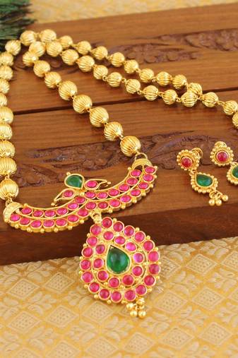 Designer kempu gold plated peacock necklace set