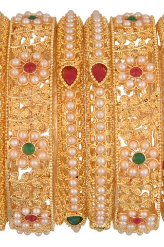  gold plated fusion bangle set with pearls, red stones green stones