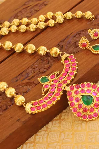 Designer kempu gold plated peacock necklace set