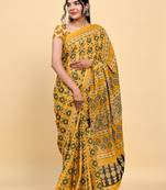 Yellow & Green Block Printed Cotton Saree with Unstitched Blouse