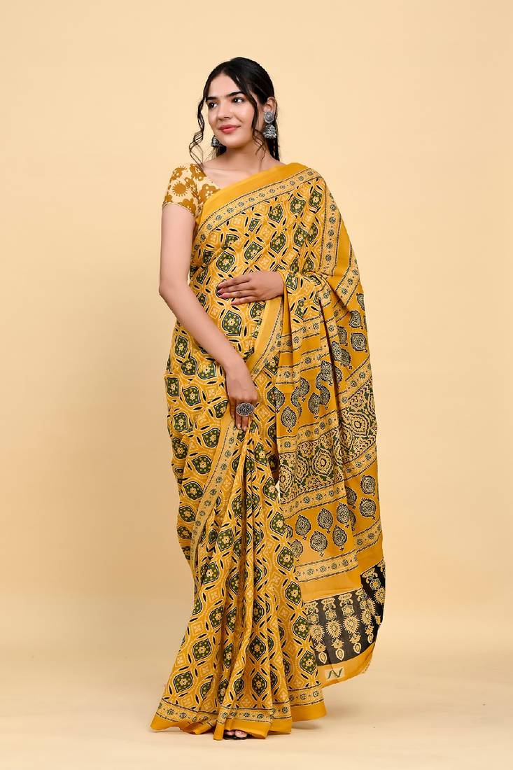 Yellow & Green Block Printed Cotton Saree with Unstitched Blouse