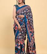 Elephant & Floral Print Cotton Saree with Unstitch Blouse Piece