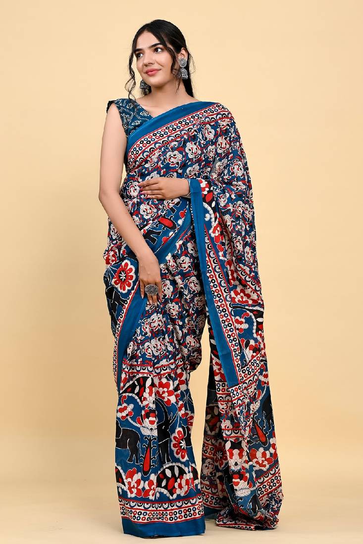 Elephant & Floral Print Cotton Saree with Unstitch Blouse Piece