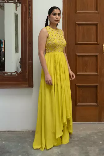 Citric yellow high low anarkali set