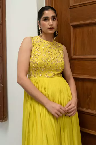 Citric yellow high low anarkali set