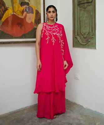 Rani pink one shoulder jaal palazzo set 1