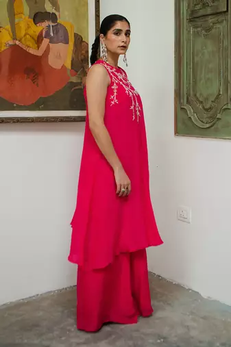 Rani pink one shoulder jaal palazzo set