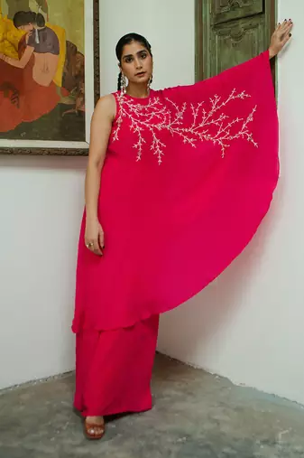 Rani pink one shoulder jaal palazzo set