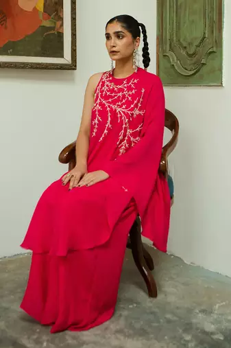 Rani pink one shoulder jaal palazzo set