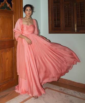 Peach pink ruching anarkali 1