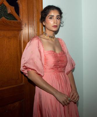 Peach pink ruching anarkali 4