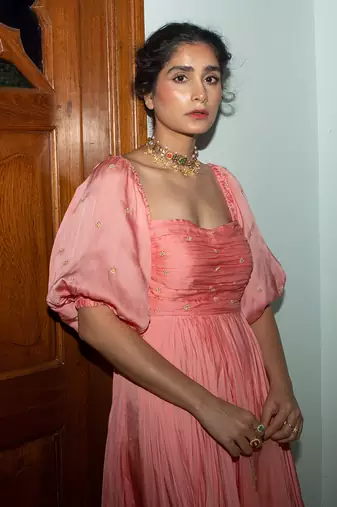 Peach pink ruching anarkali
