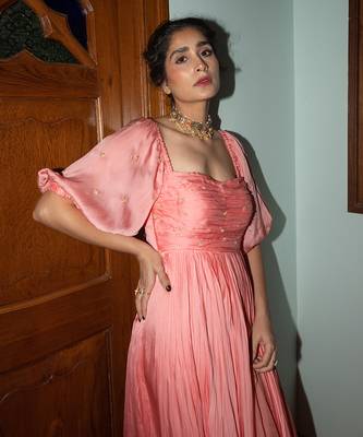 Peach pink ruching anarkali 5