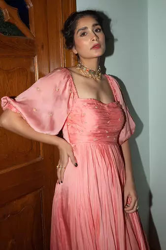 Peach pink ruching anarkali