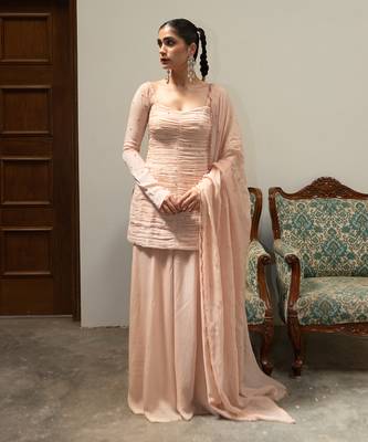 Light baby pink ruching sharara set 1