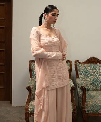 Light baby pink ruching sharara set 5