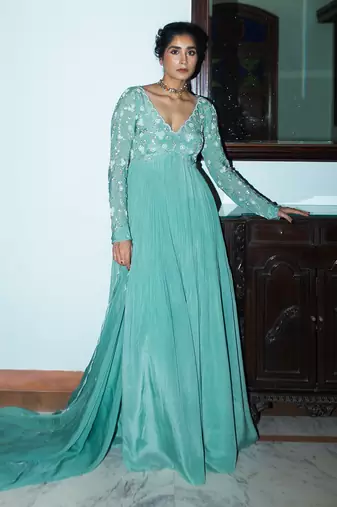 Dark mint jaal scallop anarkali