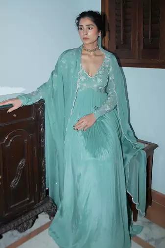 Dark mint jaal scallop anarkali