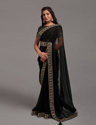 Black Colour Chinnon Silk Embroidery Lace Border Saree WITH UN-STITCHED BLOUSE 1