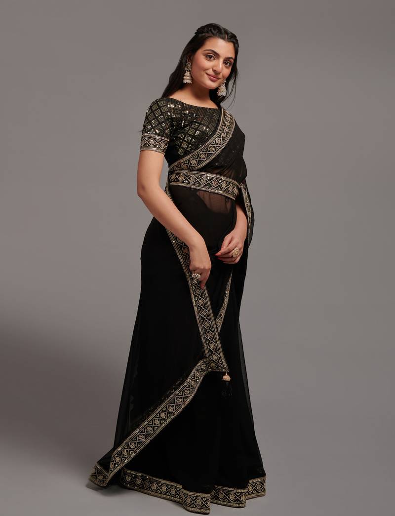Black Colour Chinnon Silk Embroidery Lace Border Saree WITH UN-STITCHED BLOUSE