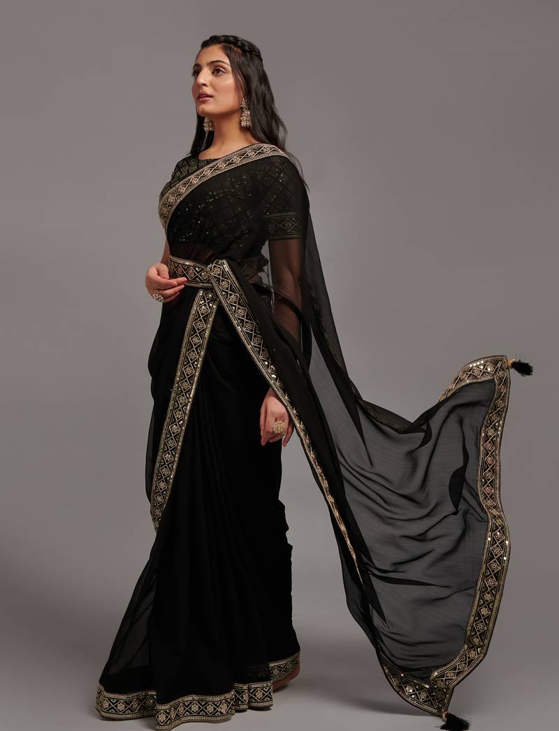 Black Colour Chinnon Silk Embroidery Lace Border Saree WITH UN-STITCHED BLOUSE