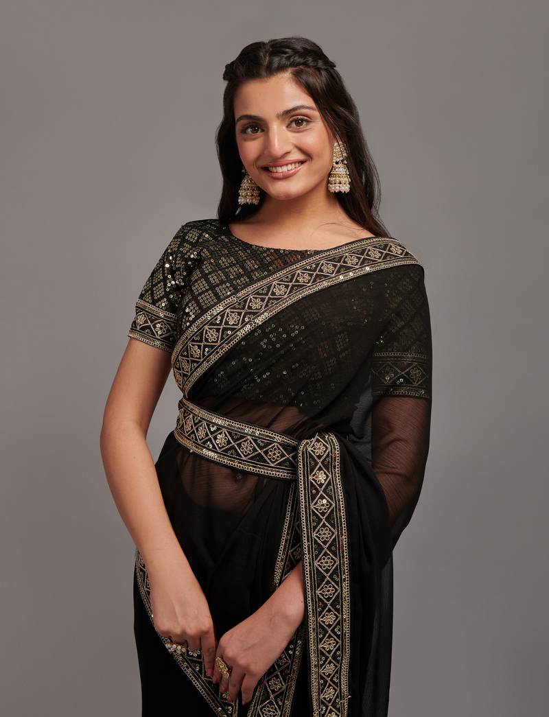 Black Colour Chinnon Silk Embroidery Lace Border Saree WITH UN-STITCHED BLOUSE
